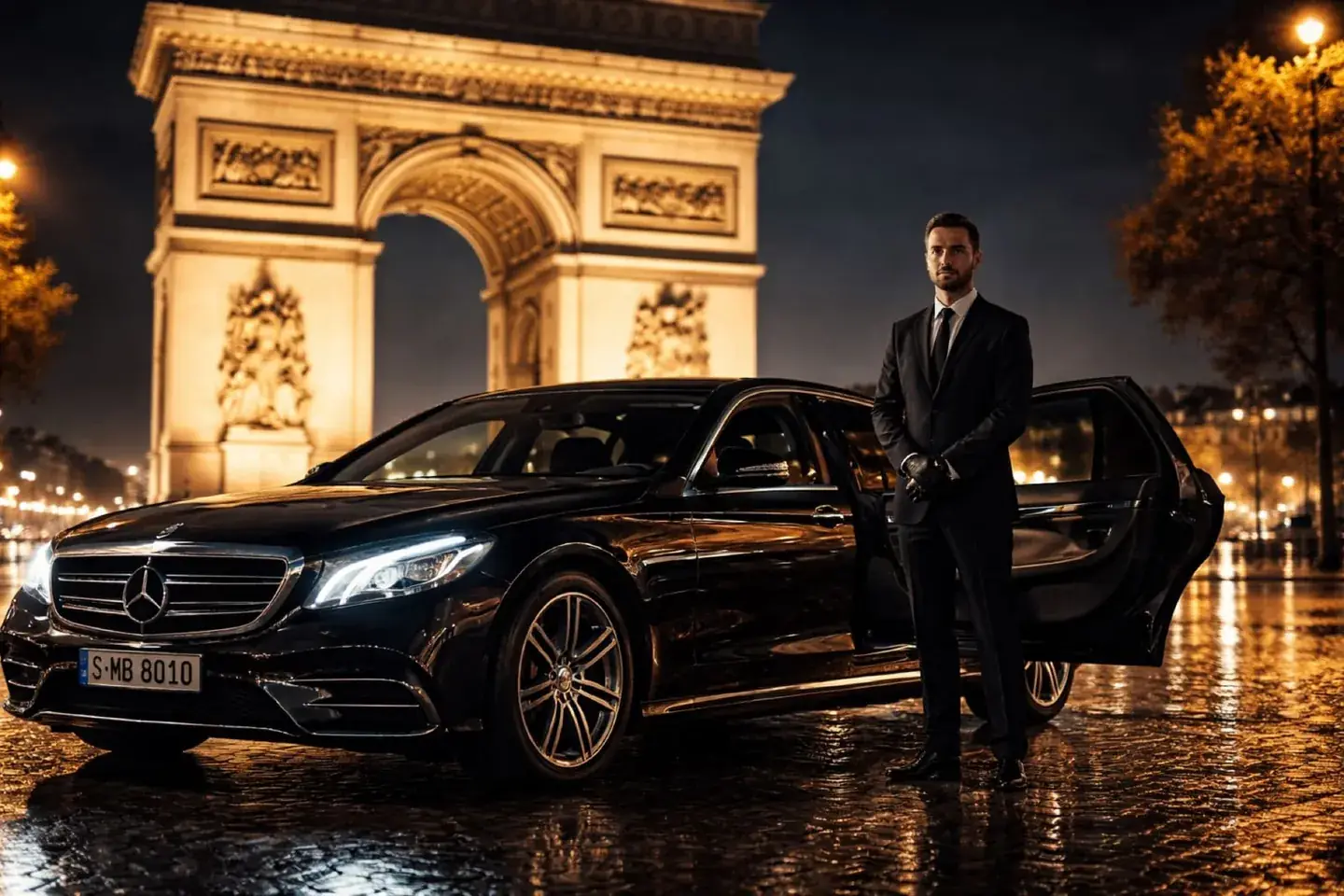 Chauffeur privé RTC Prestige devant l'Arc de Triomphe à Paris