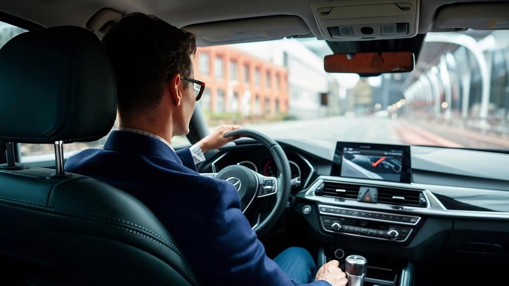 Homme d’affaires au volant d'une voiture de luxe, incarnant professionnalisme et élégance.